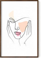 Aesthetic Face Wall Art Hands on Cheeks Continuous Line Drawing Abstract Pink Shapes 24x36 Inch Oak Wood Walnut Framed Modern Portrait for Bedroom Vanity