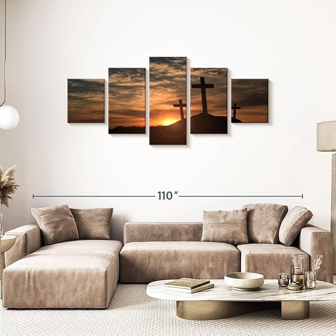 Elephant Stock Cross Silhouettes Wall Art Multi Piece Canvas - 5 Panel Christian Pictures Decor - Digital Design Canvas Print - Christian Wall Decor - 80" X 36"