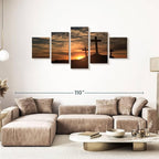 Elephant Stock Cross Silhouettes Wall Art Multi Piece Canvas - 5 Panel Christian Pictures Decor - Digital Design Canvas Print - Christian Wall Decor - 80" X 36"
