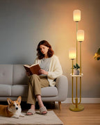 Lightdot Gold Dimmable Floor Lamp with Shelf, Modern Floor Lamps with Oval Striped Lampshade 3000K Bulb Included 3-Lights Candle Holder Style Tall Lamp for Living Room/Bedroom/Sofa Beside/Corner Decor