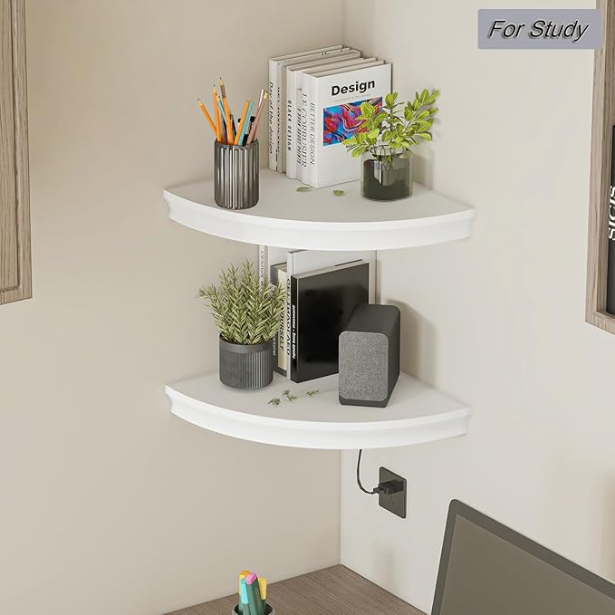 HAO Floating Corner Shelf Invisible Wall Mounted Shelves Radial Shape Cable Wire Hole Pattern Perfect for Bedroom Bathroom Living Room Kitchen 17 Inch Set of 2 White