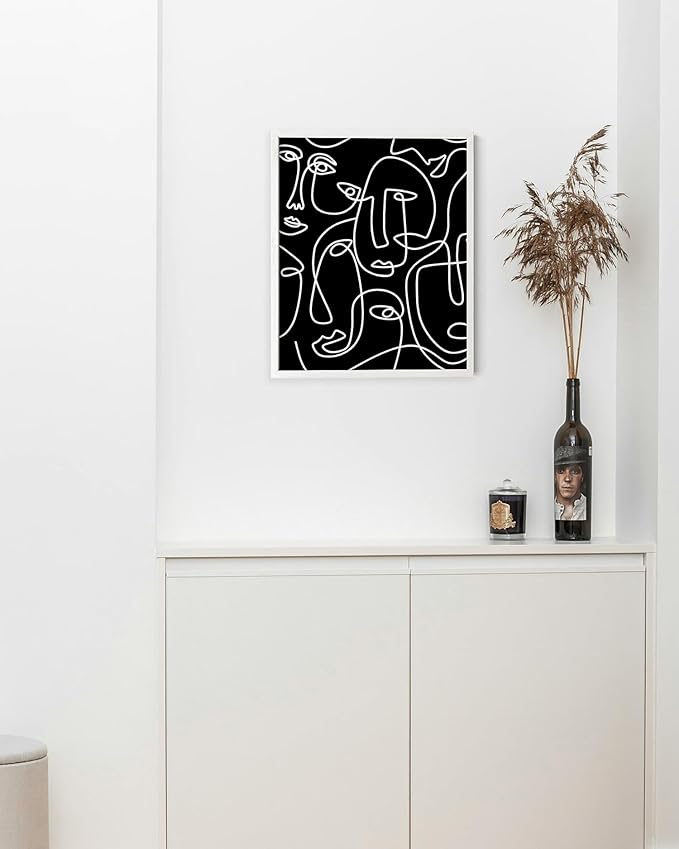 Abstract Face Pattern Wall Art Black Background White Continuous Line Drawing 8x10 Inch Oak Wood White Framed Modern Diverse Portrait for Living Room Decor