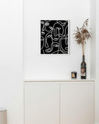 Abstract Face Pattern Wall Art Black Background White Continuous Line Drawing 8x10 Inch Oak Wood White Framed Modern Diverse Portrait for Living Room Decor