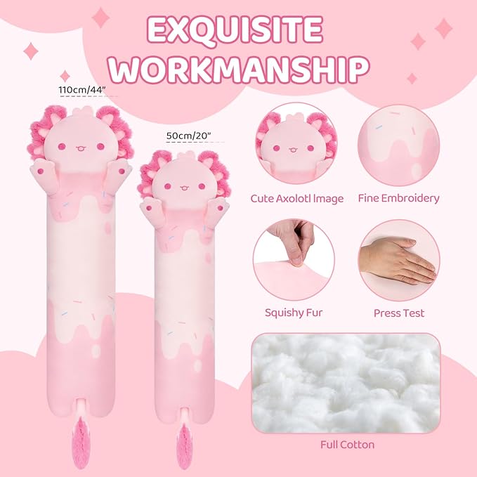 Mewaii Long Axolotl Plush 5 Sizes, 120% Extra Filling Giant Plushness Kids Body Pillow, Kawaii Cute Pink Axolotl Stuffed Animals Plushies, Big Long Body Pillow Cat Plush Gift for Girls 44”