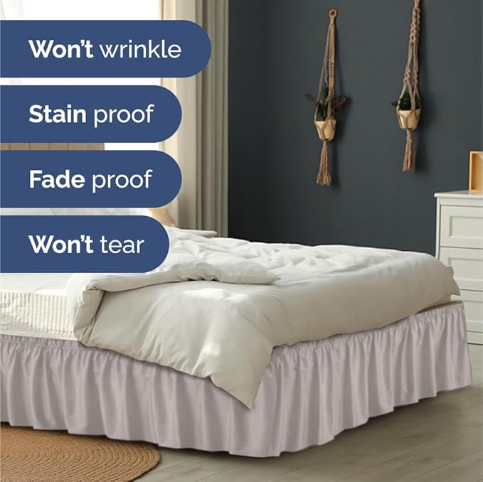 Wrap Around Dust Ruffle Bed Skirt - Light Grey - for Queen Size Beds with 24 Inch Drop - Elastic Strap - Adjustable Pleated Bedskirt with Brushed Fabric and Wrinkle Free - For Women, Men, Kids & Teens