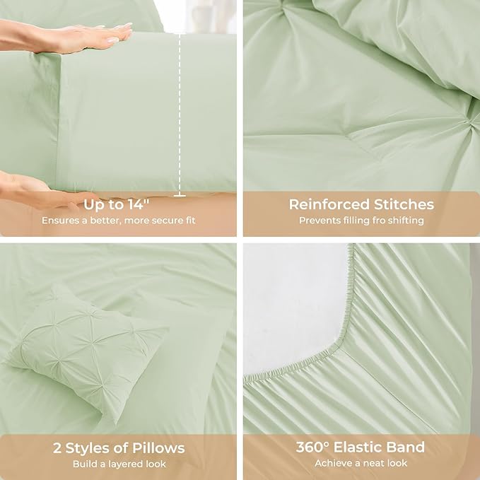 Sasttie California King Comforter Set, 7-Piece Bed in a Bag, Pintuck Bedding Sets for All Season, Includes Comforter, Flat Sheet, Fitted Sheet, Pillowcases and Pillowshams, Mint