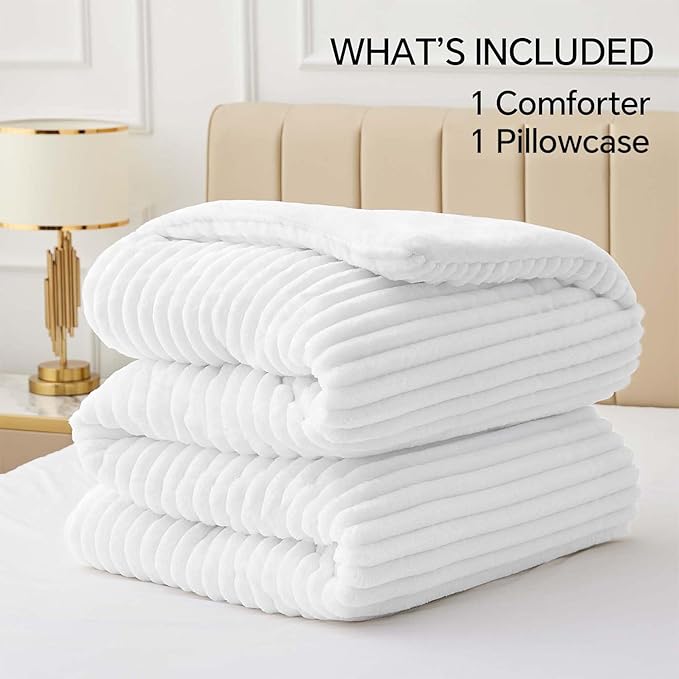 BEDELITE Fleece Twin Comforter Set -Super Soft & Warm Fluffy Bright White Bedding, Luxury Fuzzy Heavy Bed Set for Winter with 1 Pillow case