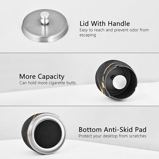 Cool Black Gold Marble Textures Ashtray with Lid, Outdoor Ashtrays for Patio, Stainless Steel Ashtray Odorless Smokeless for Home Office Balcony
