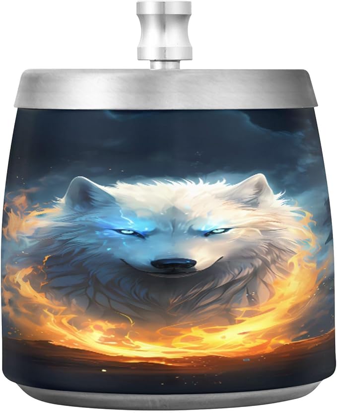 Fire Wolf Ashtray with Lid, Outdoor Ashtrays for Patio, Stainless Steel Ashtray Odorless Smokeless for Home Office Balcony