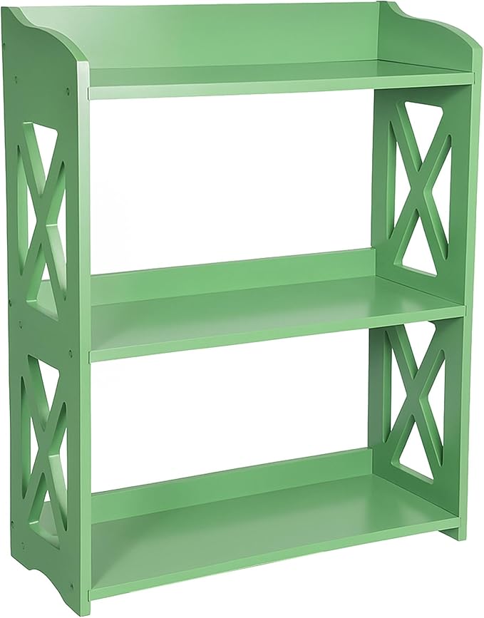 Green Bookcase by Natural Wood, 3 Tier Bookshelf, Small Book Shelves Freestanding Display Storage Shelves. Open Bookshelf for Bedroom, Living Room and Office (Green, 3 Tier)