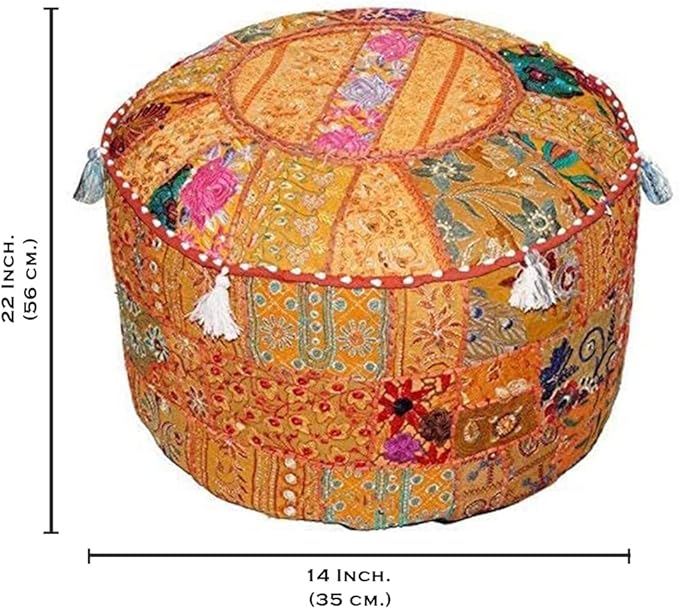 Aakriti Gallery Indian Pouf Footstool Ethnic Embroidered Pouf Cover, Indian Cotton Round Pouffe Ottoman Pouf Cover Pillow Ethnic Decor Art - Cover Only (Orange, 22x14)