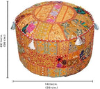 Aakriti Gallery Indian Pouf Footstool Ethnic Embroidered Pouf Cover, Indian Cotton Round Pouffe Ottoman Pouf Cover Pillow Ethnic Decor Art - Cover Only (Orange, 22x14)