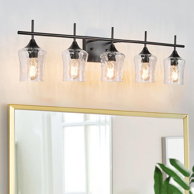 Modern Glass Vanity Light Fixture,5 Light Industrail Black Metal Vanity Light for Bathroom Bedroom Living Room