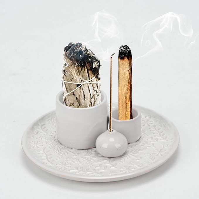 Ceramic Incense Holder Set with Decorative Tray, White, Intricate Pattern Design, 5.9x5.9x2 Inch, for Sticks, Cones, Palo Santo, Sage (White)