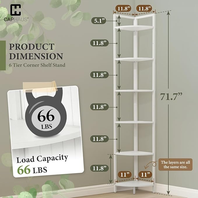 CAPHAUS 6 Tier Corner Shelf, 71.1-Inch Tall Bookshelf, Display Rack With Metal Frame, Round Shelf Unit, Stand for Bathroom, Living Room, Home, Office, White