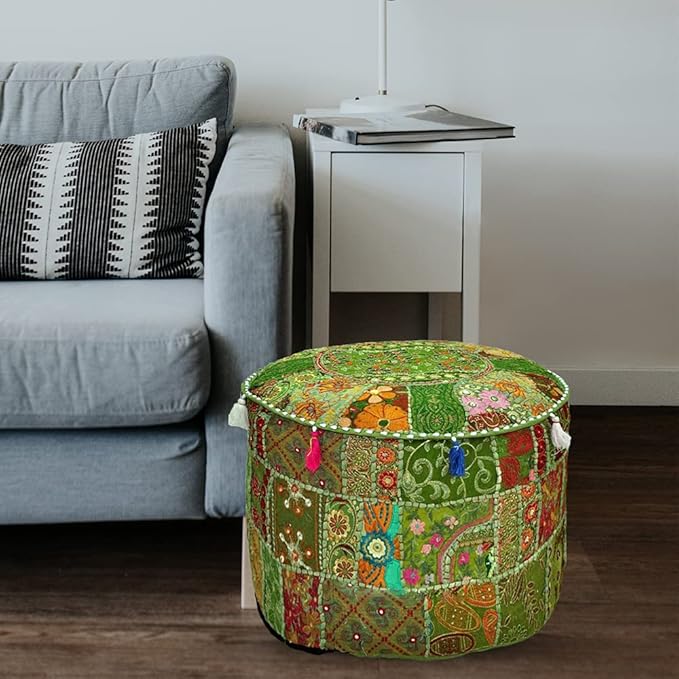 Aakriti Gallery Indian Pouf Footstool Ethnic Embroidered Pouf Cover - Cotton Round Pouffe Ottoman - Green, 22x14