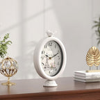 Vintage Table Clock with Bird, Desk and Shelf Decor Clock, French Paris Style, Antique White Metal Mantel Clocks for Living Room, Farmhouse, Bedroom, Bedside, Gift (10" H x 5.9" W)