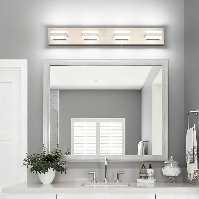 SOLFART Bathroom Light Fixtures Brushed Nickel Vanity Lights for Bathroom Above Mirror, 4 Light Led Lighting Fixture, Nickel Vanity Light,5 Color Temperature Adjustable Light Over Mirror