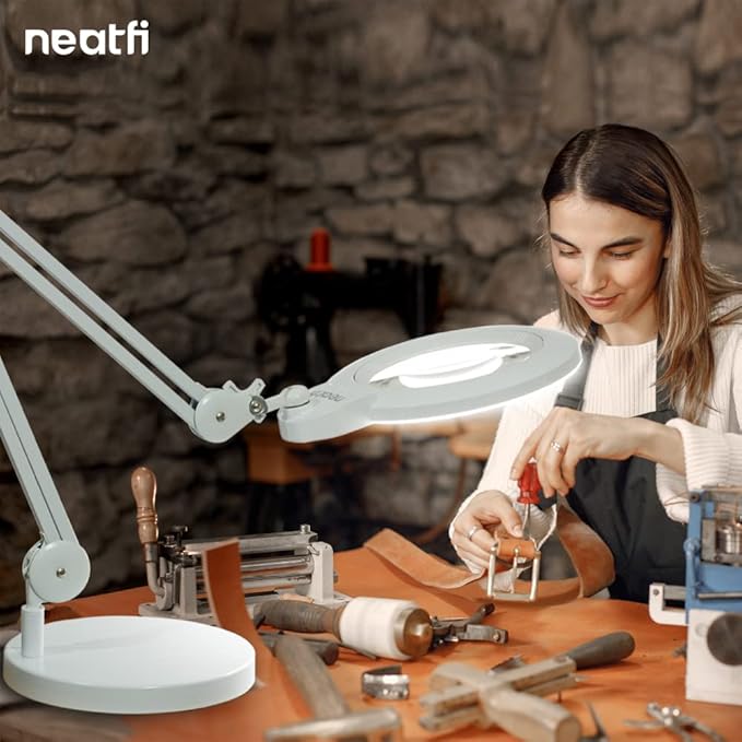 Neatfi XL Bifocal LED Magnifying Lamp – 7-Inch Acrylic Lens, 2.25x & 6X Magnification, 1,600 Lumens, Dimmable LED, Adjustable Arm, Hands-Free Close Work (White, with Base)