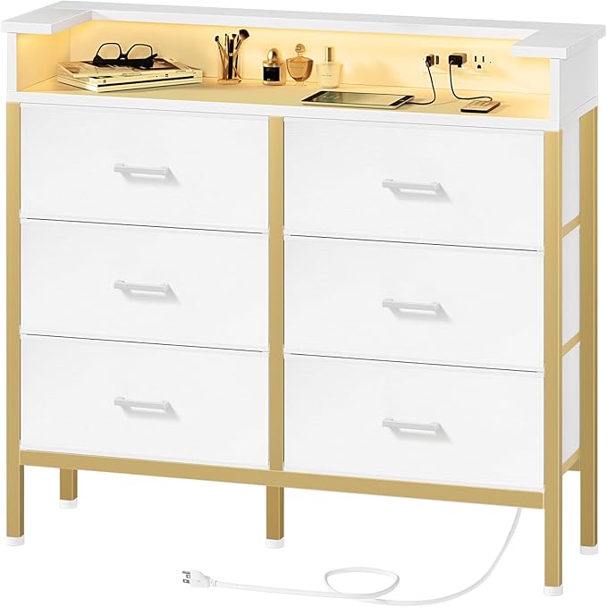 BOLUO Girls Dresser with LED Light and Charging Station for Bedroom 6 Fabric Drawer Dresser with USB Outlet Modern Gold
