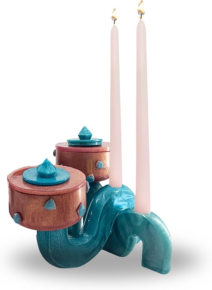 Luxury Centerpiece Serving Pedestal Bowl & Candle Holder Stand Combo with Stone Accents (Rose Gold Combo Pedestal Bowl with Teal Candle Holder Stand & Stone Accents, Set of 2)