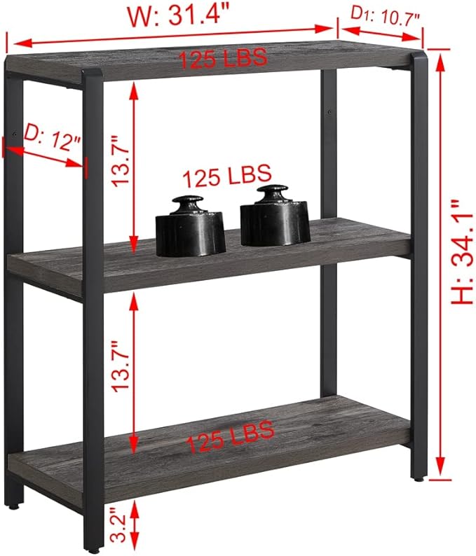 EXCEFUR Bookshelf and Bookcase, 3 Tier Vintage Shelf for Office, Rustic Wood and Metal Book Shelves, Grey