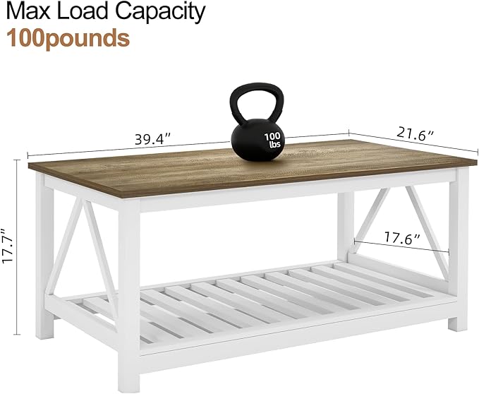 Farmhouse Coffee Table for Living Room, 2-Tier Rectangular Wooden Centre Cocktail Table with Slats Shelf Storage and V-Shaped Frame (Walnut Top)