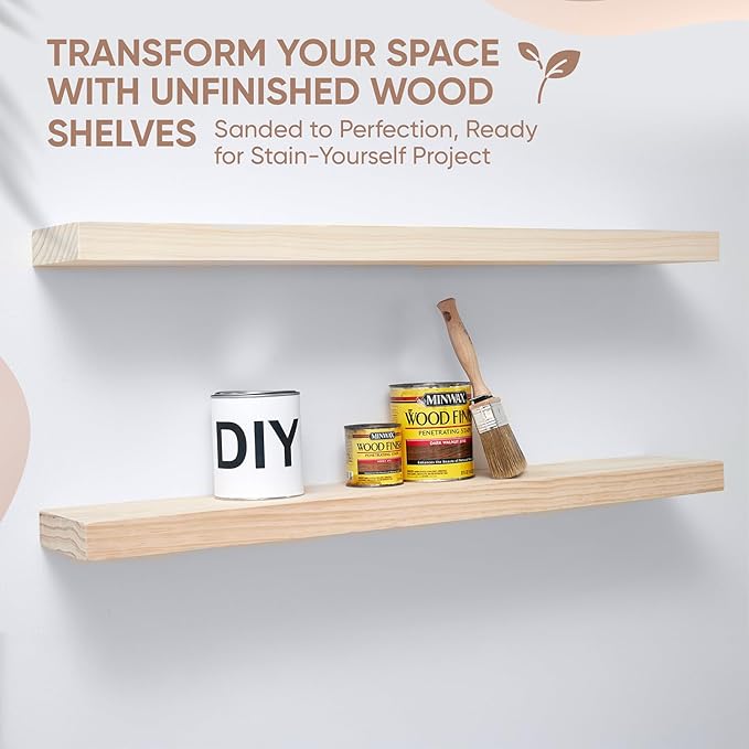 Homeforia 42 inch Wood Floating Shelf, High End Solid Natural Wood 42inch Large Floating Shelves for Wall Mounted, Unfinished Wooden Floating Shelves, Heavy Duty Bracket, 42 X 6.5 X 1.75 in, Set of 3