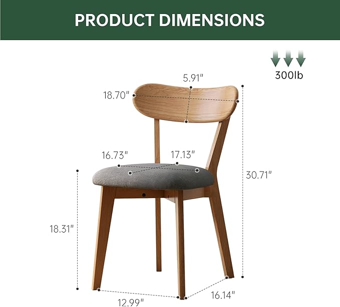 100% Solid Oak Dining Chairs, Mid Century Modern Dining Chair with Curved Backrest, Fabric Upholstered Dining Chairs for Kitchen, Study, Living Room (2, Original Wood-Dark Gray Cushion)