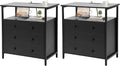 3 Wooden Drawers Nightstand, 27 Inch Wide Night Stand Set 2 with Charging Station and Adjustable Drawers, Small Dresser for Closet, Bedside Table for Living Room/Bedroom/Office, Black.