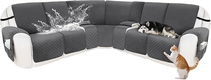 Recliner Sofa Covers 100% Waterproof Velvet L Shape Recliner Couch Covers for Dogs Pets Washable Anti Slip Recliner Slipcovers with Pockets (5 Seat Sofa with 2 Console, Dark Gray)