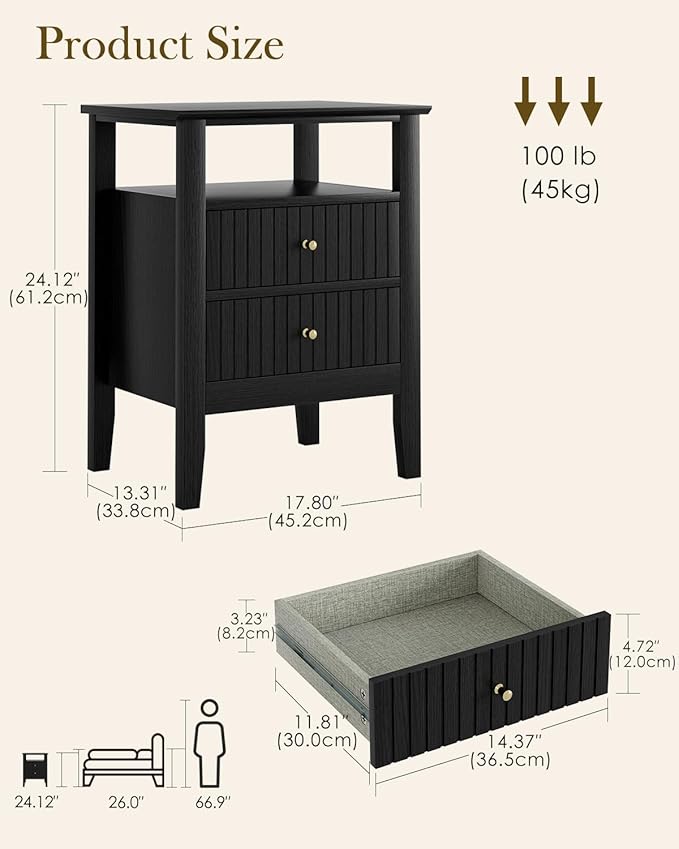 Fluted Nightstand, Farmhouse Night Stand with 2 Drawers, Mid Century Modern Side Accent Table,Bedside End Table for Bedroom, Living Room, Black