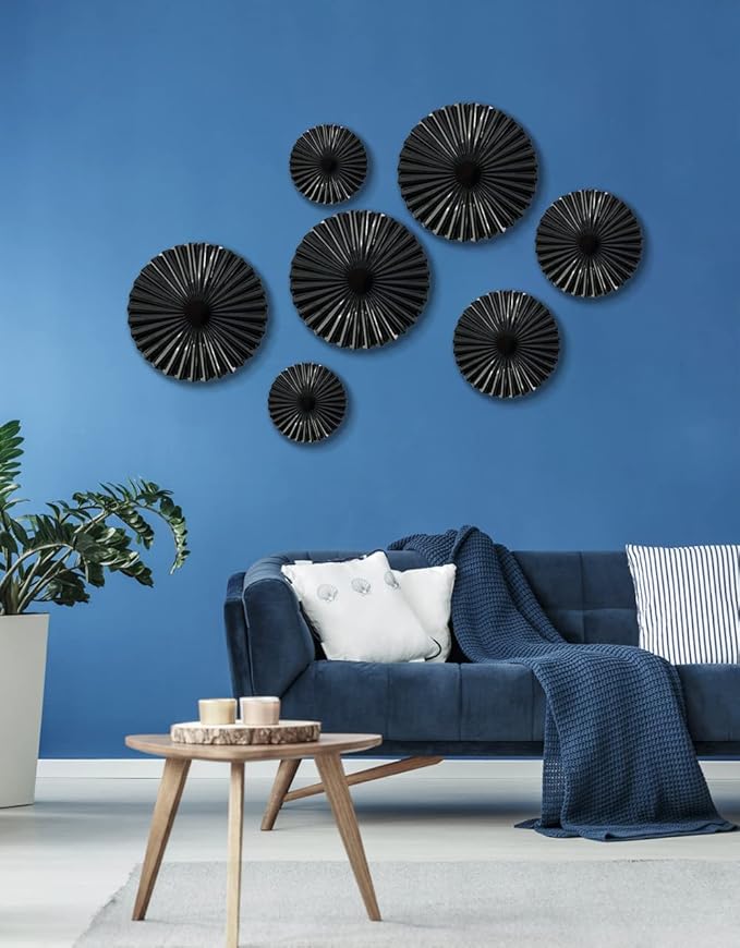 ITrixgan 7 Pieces Black Wall Art Metal Modern Round Large Sunburst Hanging Wall Decor Above Bed TV for Home Office Bedroom Living Room