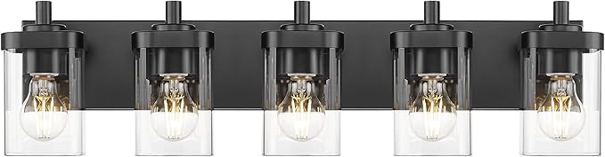 Bathroom Light Fixtures, 5-Light 30" Vanity Light with Square Clear Glass Shade, Modern Matte Black Wall Sconces, Vanity Lighting Fixtures Over Mirror, VL194-MB-5