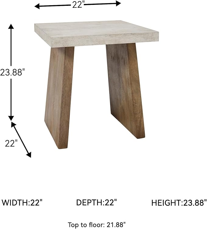 Signature Design by Ashley Brendalhouse Casual End Table with Faux Cement Top and Double Plinth Base, Solid Mango Wood, Melamine Laminate, Casually Cool Design, Light Brown & White