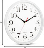 Bernhard Products White Wall Clock Silent Non Ticking, 12 Inch Quality Quartz Battery Operated Round Easy to Read Home/Office/Kitchen/Classroom/School Sweep Clock, Black Hands