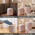 Round Set of 2 Ottoman with Storage-Upholstered Velvet Vanity Stool for MakeupMultifunctional Ottomans Coffee Table Padded Seat Foot Rest for Living Room&Bedroom(Pink)