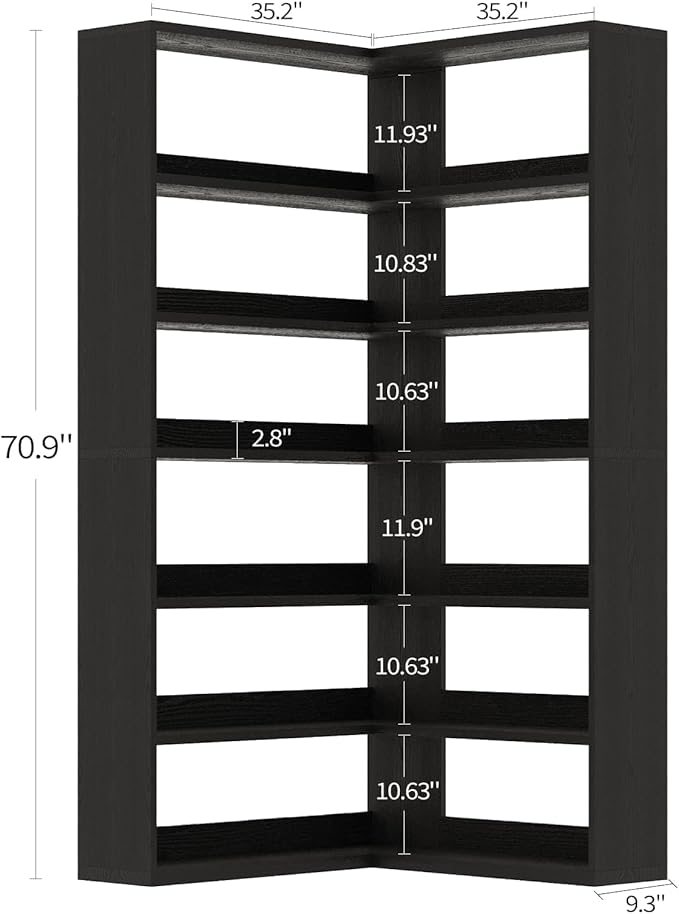 4 EVER WINNER Corner Book Shelf with LED Lights, 71” High Coner Bookshelf with Storage for Living Room, Study Room, Modern Storage Display Industrial L Shaped Bookshelf, Black