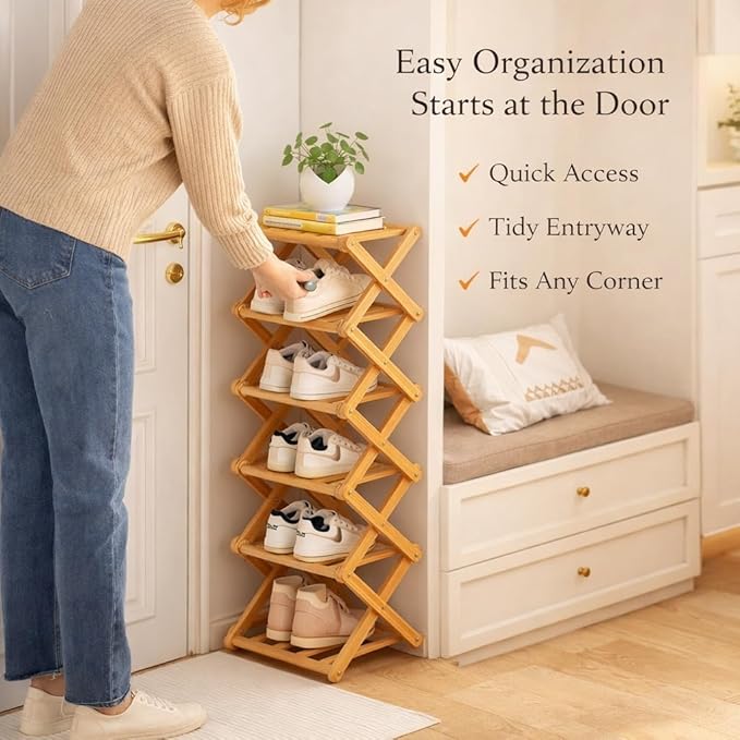 The 9-Tier No-Assembly Bamboo Rack, 2026 Upgraded Foldable 9 Tier Bamboo Corner Shoe Rack, Space-Saving Organizer for Shoes, No Assembly Narrow Shoe Shelf for Entryway Closet Dorm (Brown, 8 Layers)