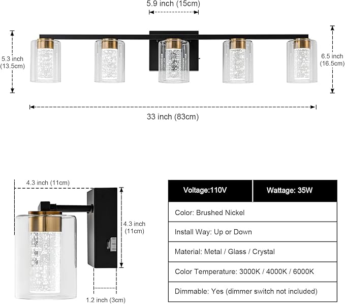 SineRise 5-Light Black and Gold Vanity Light with 3 Color Modes (3000K/4000K/6000K), Eye Protection LED Bathroom Light Fixture, Dimmable Modern Wall Light Over Mirror with Clear Glass Shade