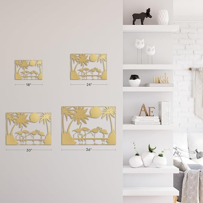 SIGNLEADER Metal Wall Art Moonlit Flamingos and Palm TreesDecor Modern Abstract Wall Sculpture Hangings Home Decoration for Living Room, Bedroom, Bathroom, Kitchen, Outdoor - 30" Gold