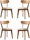 100% Solid Oak Dining Chairs, Mid Century Modern Dining Chair with Curved Backrest, Fabric Upholstered Dining Chairs for Kitchen, Study, Living Room (4, Original Wood-Pear White Cushion)