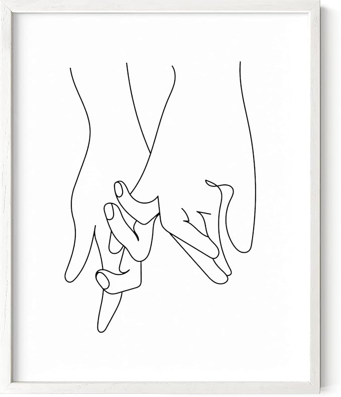 Holding Hands Wall Art Interlocking Fingers Continuous Line Drawing Love Connection 8x10 Inch Oak Wood White Framed Modern Romance Print for Bedroom
