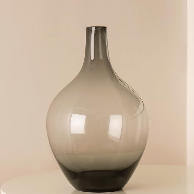 Floor Vase, Large Gray Glass Tall Big Vases, Smoked Black Glass Vase, Large Decorative, 15 inches Tall, Demijohn