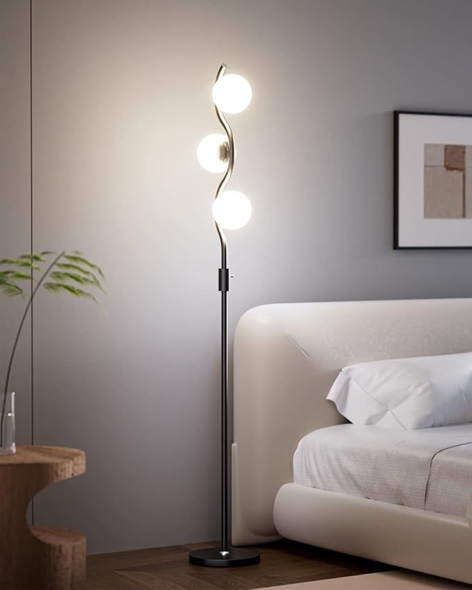 Lightdot 60IN Dimmable Black Floor Lamp, Mid Century Standing Lamps with 3 Globe Soft Warm White 3000K Bulbs Included, Modern Tall Lamp for Living Room/Bedroom/Sofa Beside/Corner Decor
