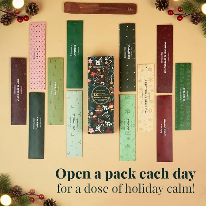 Folkulture Christmas Incense Sticks | Pack of 240 Organic Incense | 12 Days of Christmas Advent Calendar 2025 | Non-Toxic, Slow Burning Insense for Gifts for Women