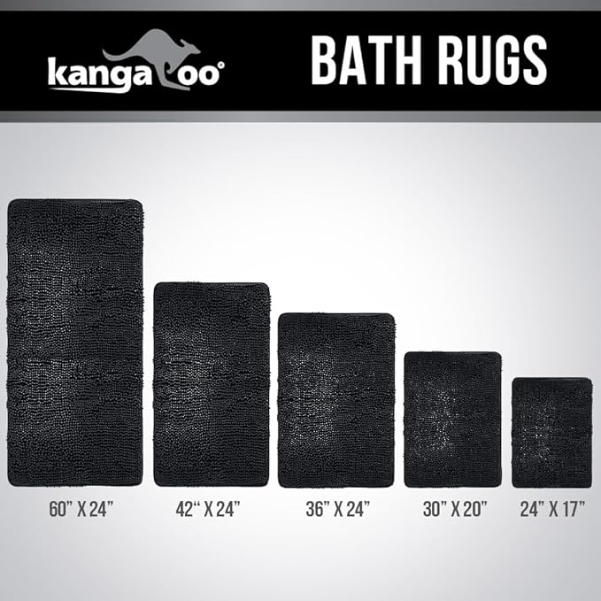 KANGAROO Bathroom Rugs, Chenille Soft Absorbent Bath Rug, Shaggy Shower Mat, Quick Dry Machine Wash Bathmat, Plush Carpet Mats for Tub, Bathtub and Room Home Decor Accessories, 42x24, Black