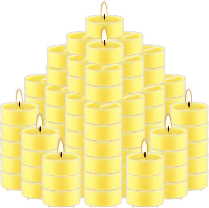 4-Hour 100Pack Yellow Tealight Candles, Outdoor and Indoor Summer Scented Candle,Natural Soy Wax Candle for Home Patio Garden Yard Balcony,BBQ Birthday Emergency