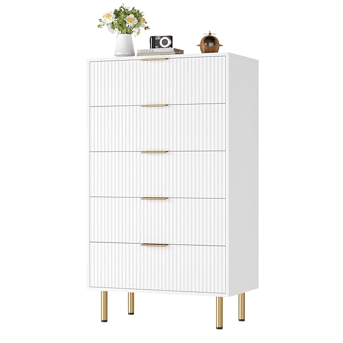 GarveeHome 5 Drawers Dresser for Bedroom, Fluted Dresser Chest of Drawers with Handle, Wood Modern Dressers for Closet, Bedroom Furniture Storage Organizer for Living Room, Hallway