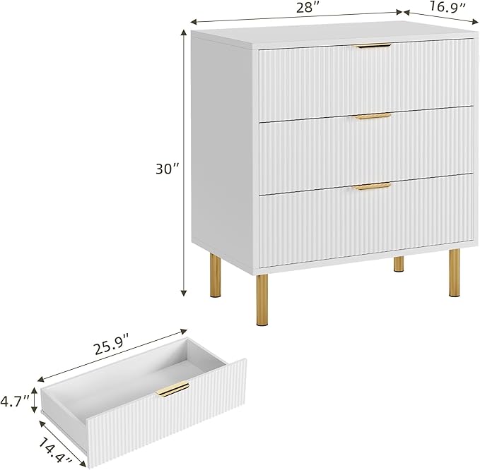 GarveeHome White Dresser, Modern 3 Drawer Dresser for Bedroom with Gold Handle and Large Drawer, Wood Double Chest of Drawers and Storage Organizer for Living Room, Hallway, Entryway